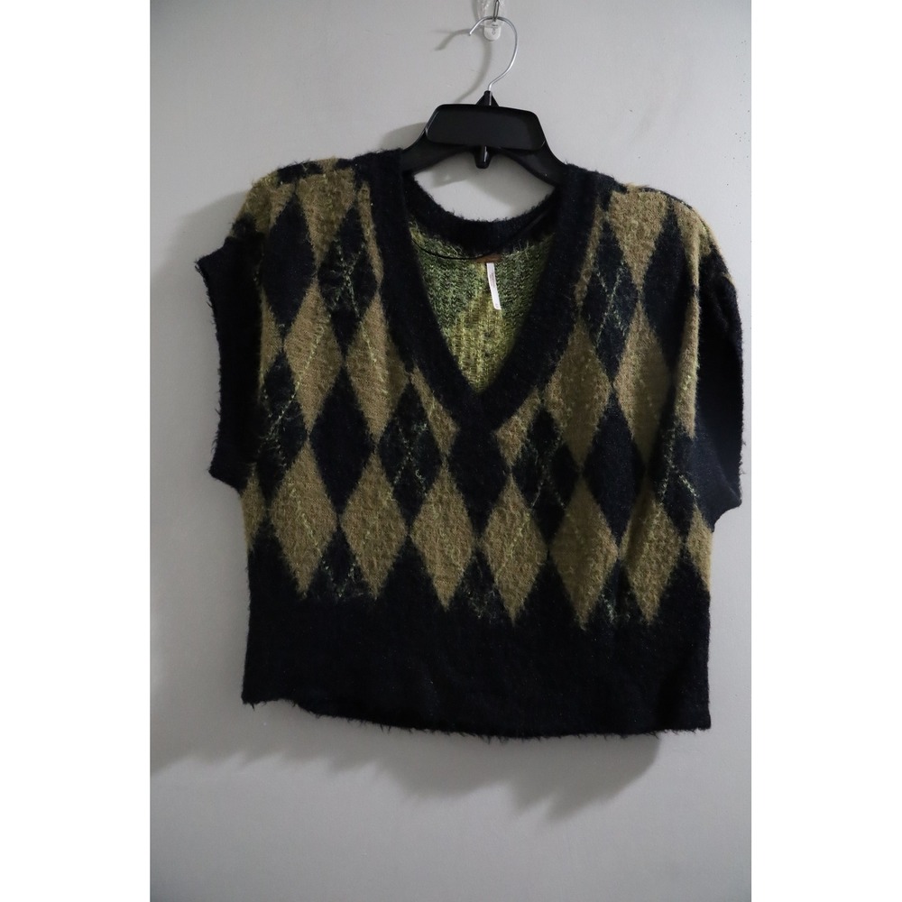 Free People Argyle Fuzzy Knit Sweater‎ Vest Black Olive Green V-Neck Medium